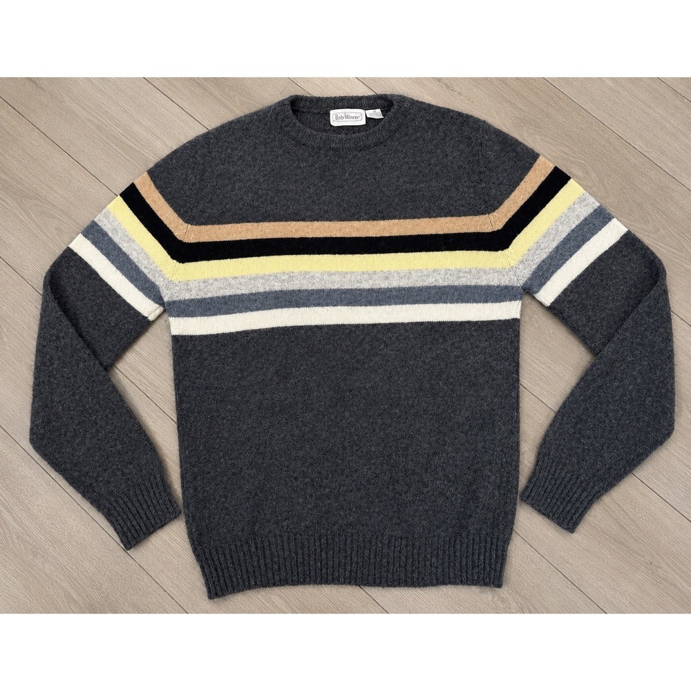 Vintage Wool Blend Grandpa Sweater XL Gray Striped Crewneck Retro 70/30 - Picture 1 of 7